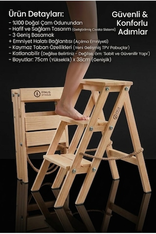 Pinus Stools Katlanabilir Ahşap Mutfak Merdiveni - 3 Basamaklı Boy Uzatan Tabure 75 Cm