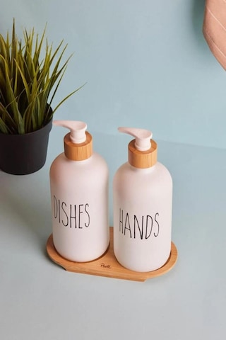 Perotti Lotion 2 'li Beyaz Mutfak Sıvı Sabunluk Seti 500 ML + 500 ML Bambu Tepsili