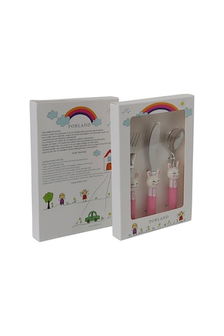 Porland Mini Rabbit Çocuk Çatal Kaşık Bıçak Takımı 3 Parça Pembe