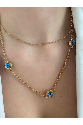Pinery Jewels Cam Göz Nazar Boncuklu Gold Zincir Kolye Altın