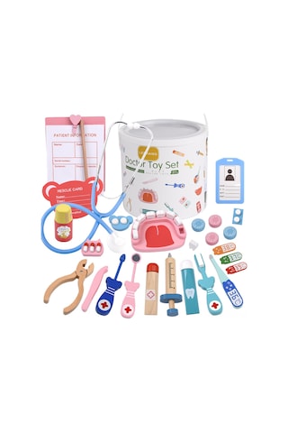 Teltree Ahşap Çocuklar İçin Tıp Oyuncak Seti - Dinleyici, Diş Modeli, Fırça, Macun Ve Diş Bakımı Araçlarıyla Rol Yapma Oyunu, Saklama Kova İçerir