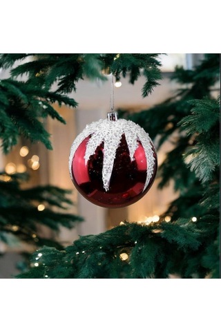 Yılbaşı Süsü Kar Detaylı 2'li Top Kırmızı 10 Cm