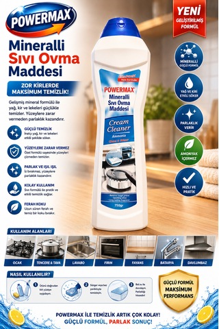 Powermax Mineralli Sıvı Ovma Maddesi 750 Gr X3 Set Çok Amaçlı Yüzey Temizleyici