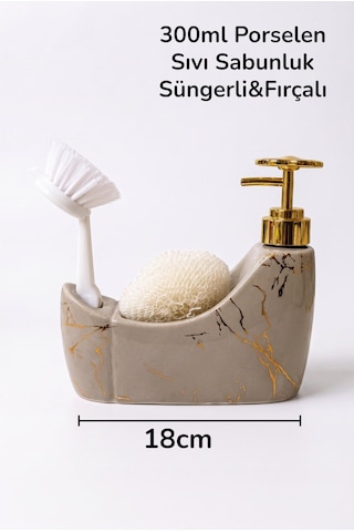 300 Ml Taş Gri Mermer Desenli Seramik Sıvı Sabunluk Ve Süngerlik Gold Pompalı