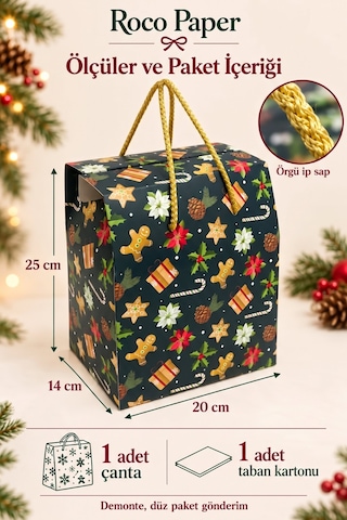 Yılbaşı Temalı Hediye Çantası - 1 Adet, 20x14x25 Cm, Kış Bahçesi Baskılı Karton Hediye Poşeti