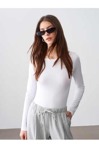 Dilvin 32549 Kayık Yaka Bodysuit-beyaz Beyaz