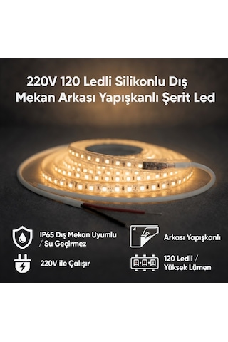220v 120 Led Dış Mekan Şerit Led Gün Işığı Işık Arkası Yapışkanlı Suya Dayanıklı Dekoratif Aydınlatma 5 metre