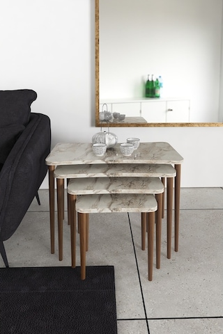 Selena 4Lü Zigon Sehpa Ahşap Ayaklı Salonseti Sehpası Beyaz Mermer