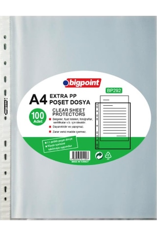 Bigpoint A4 Extra PP Poşet Dosya 100’lü Paket