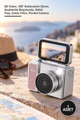 1 Adet Mini Vlog Kamerası 2k Video, 180 Katlanabilir Ekran, Anahtarlık Boyutunda, Dahili Flaş, Çoklu Filtre, Pocket Camera