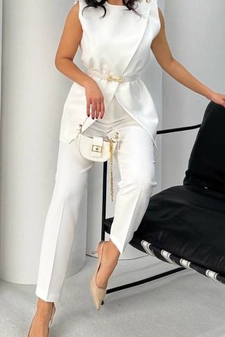 Neşeli Butik Kadın Beyaz Kemer Detaylı Yelek Pantolon İkili Takım Nbstr4061