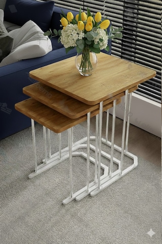 Sakura 3'lü Metal Gümüş Atlantik Mdf Kare Zigon Sehpa Takımı Orta Sehpa Yan Sehpa Kahverengi