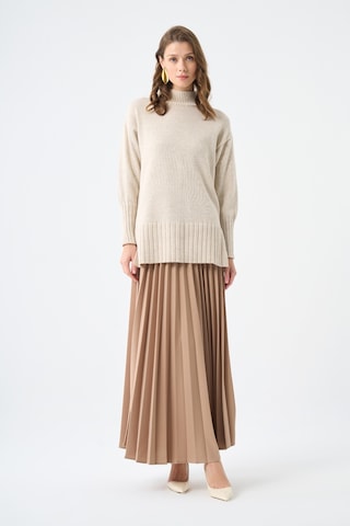 Basic Örme Pliseli Krep Bej Etek 001