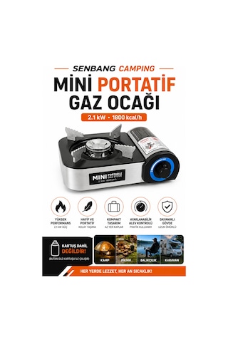 Senbang Camping Mini Portatif Gaz Ocağı 2.1 Kw Butan Kartuşlu Kamp Ocağı, Taşıma Çantalı Kompakt Piknik Ocağı Gri