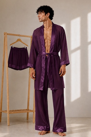 Qmen Style Erkek Şifon Kimono- Pijama - Şort Seti Mor