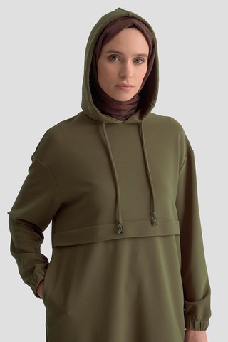 Armine Trend Kapüşonlu Yandan Cepli Kolları Lastikli Fitilli Tunik Haki 25kt462 Haki