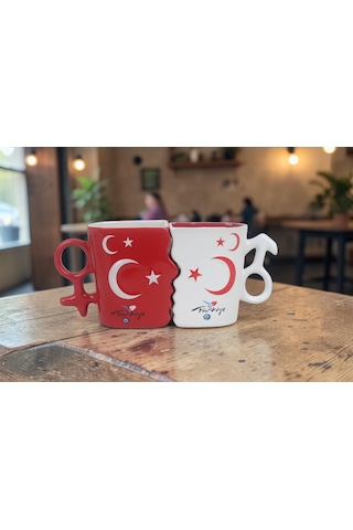 Ay Yıldız Ruh İkizi Tasarımlı Türk Bayraklı 2li Porselen Kupa Fincan Seti 250 Ml Büyük Boy Kırmızı - Beyaz