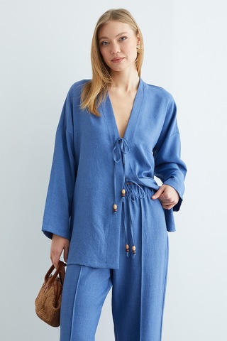 Fullamoda Önü Bağlamalı Keten Kimono 2 Li Takım İndigo