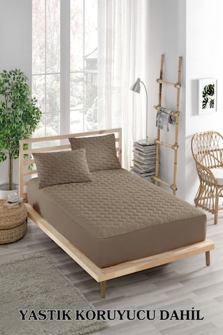 Alez Takımı %100 Pamuklu Sessiz 3 Parça Kapitoneli Yastık Alezli Kahve Tek Kişilik