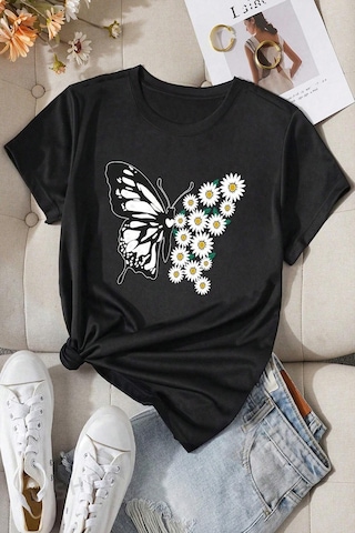 Pamuklu Papatya Kelebek Tasarım Tshirt Siyah