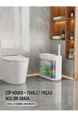 Kartuşlu Tuvalet Fırçası Ve Çöp Kovası Seti 2'si 1 Arada Dokunmatik Kapaklı Hijyenik Wc Banyo Temi Beyaz