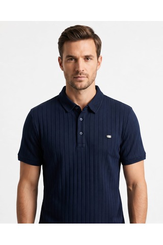 Özeniş Erkek Polo Yaka Slim Fit Çizgili Desen Kaşkorse T-shirt Lacivert