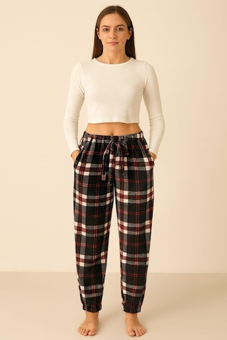 Kadın Ekose Desenli Cepli Paça Lastikli Kadife Tek Alt Siyah Siyah