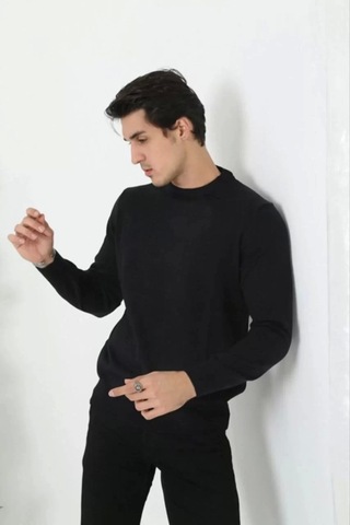 Blacktree Unisex Uzun Kol Biskilet Yaka Dokuma Triko - Siyah Siyah