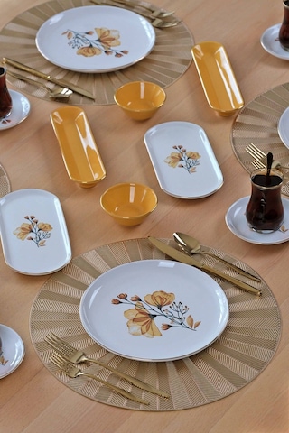 Asya Lizy Hardal Altın Yaldızlı 32 Parça 6 Kişilik Seramik Kahvaltı Takımı Desenli