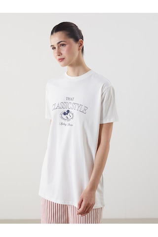Lcw Modest Beyaz Mickey Mouse Baskılı Oversize %100 Pamuklu Kadın Tişört