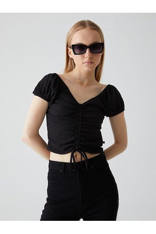 Ltb V Yaka Önü Büzgülü Crop Top Siyah T-shirt 013168000060019 200-200 Siyah