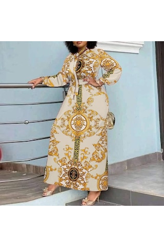 Bej Vonda Kadın Balıkçı Yaka Uzun Puf Kol Günlük Gevşek Uzun Elbise 4xl Bej