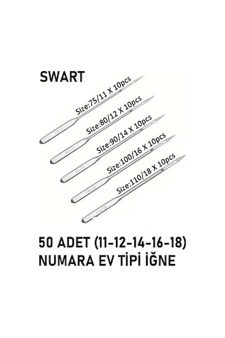 Swart Singer Zetina Uyumlu Dikiş Makine Iğnesi 11-12-14-16-18 Numara -50 Adet Iğne 5 Paket Genel