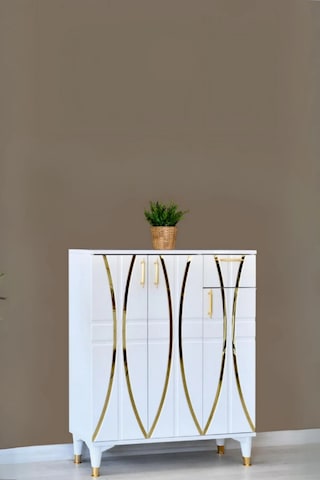 Ada Ayakkabılık Beyaz Gold Şeritli 3 Kapaklı 1 Çekmeceli 90x32x105 Cm