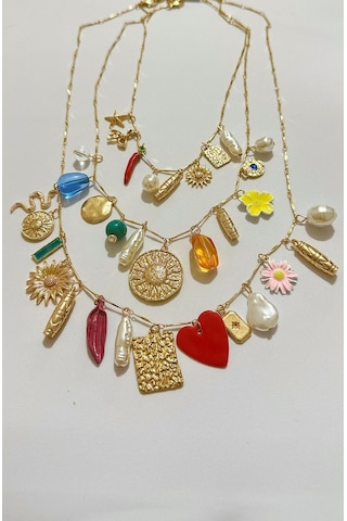 Üçlü Renkli Charm Detaylı Zincir Kolye Seti - 3 Ayrı Kolye Birlikte Çok Renkli