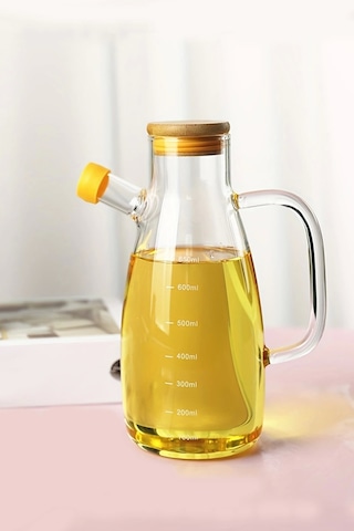 Vakumlu Bambu Kapaklı Borosilikat Cam Yağdanlık Yağ Şişesi 900 Ml