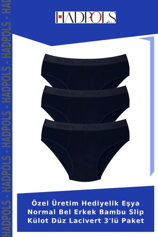 Hadpols Özel Üretim Hediyelik Eşya Normal Bel Erkek Bambu Slip Külot Düz Lacivert 3'lü Paket