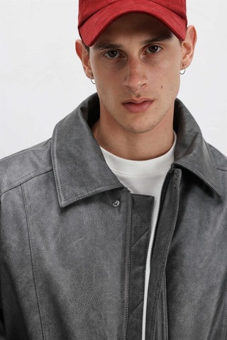 Vamos Oversize Deri Bomber Ceket Gri