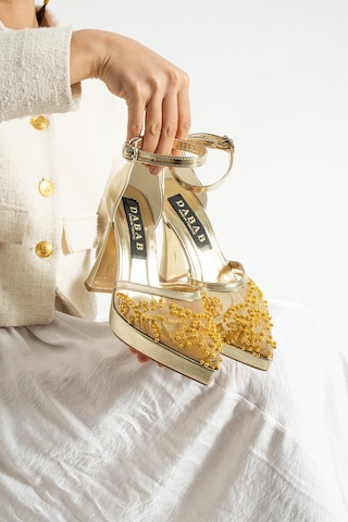 Dabab Shoes Pearly Gold Kadın Platformlu 11cm Topuklu İncili Bilekten Bantlı Abiye Gelin Düğün Ayakkabısı Altın