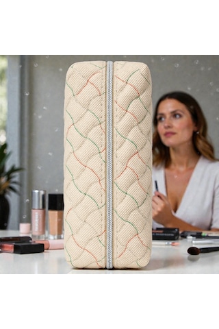 Makyaj Malzeme Çantası, Kapitone Mini Vanity Çanta Zarif Kompakt Form 20 8 8 Cm 1 Ad Bej - Şeffaf