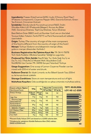 TheLifeCo Lemon Cayenne - Limonlu Acı Biberli İçecek Tozu 5 G x 7 Adet Saşe