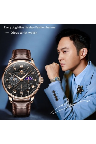 Olevs 2893 Erkekler Çok Fonksiyonlu İş Kuvars Saati Kahverengi + Siyah