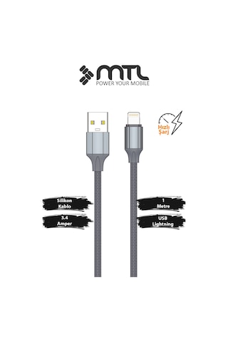 3.4a Usb To Apple Uyumlu iPhone Lightning Silikon Hızlı Şarj Ve Data Aktarım Kablosu 1 Metre Gri Mt2432
