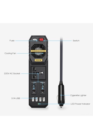 Wezone 200w Siyah Abs Oto İçin Güç Dönüştürücü 300g, 23x8x7cm Paket