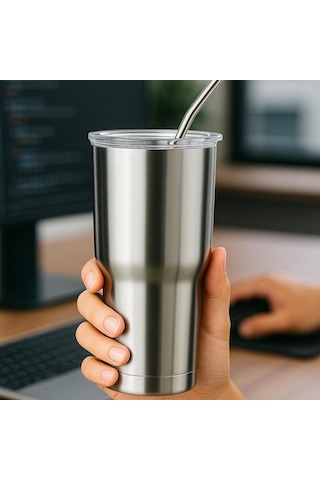 Perlotus 900 Ml Çelik Pipetli Soğuk İçecek Termosu Mug Sızdırmaz Kapaklı Gri