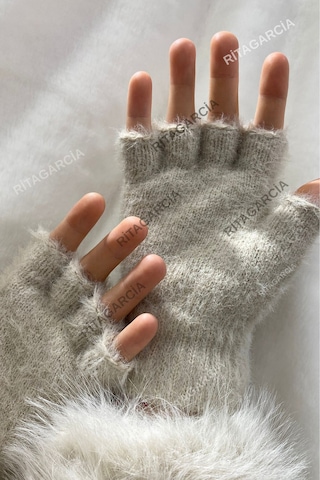 Peluş Kesik Parmak Eldiven Bej