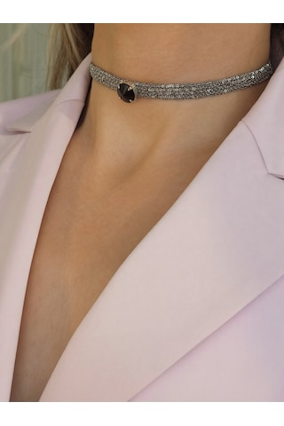 Kordon Zincir Örme Kristal Taşlı El Yapımı Choker Tasma Siyah Silver Renk Kolye