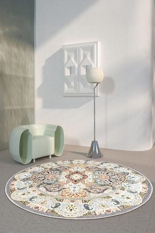 Zeminde Bir Dönüş Yuvarlak Medalyonlu Halı Tasarımı - Kaymaz Taban Krem