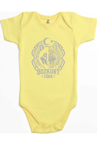 Zepplin Giyim Bozkurt Türk Ay Yıldız Motifli Kurt Başı Baskılı Sarı Bebek Body Zıbın