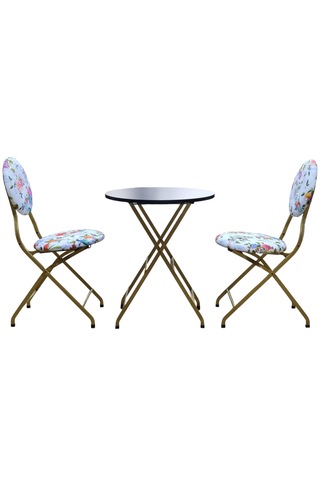 Katlanabilir Beyaz Gül Ve Kuş Gold Metal Masa Ve Sandalye Takımı